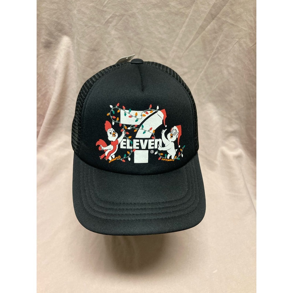 NEW 7-ELEVEN LIMITED HOLIDAY EDITION CHRISTMAS TRUCKER MESH BALL CAP HAT BLACK